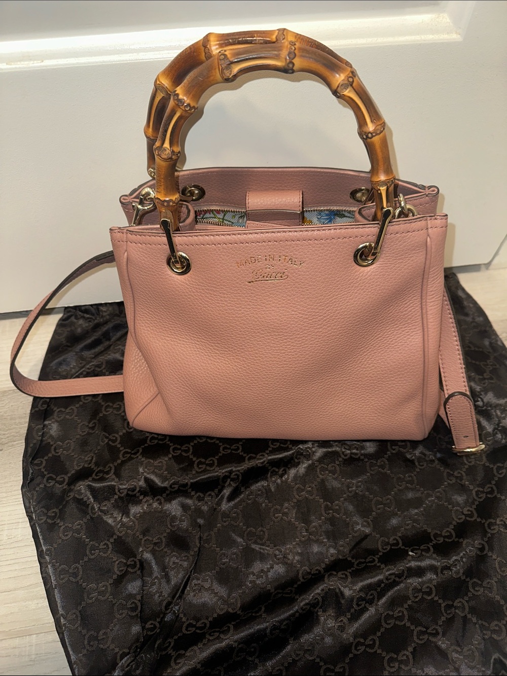 Gucci Pink Leather Shoulder Bag with Bamboo Top Handles